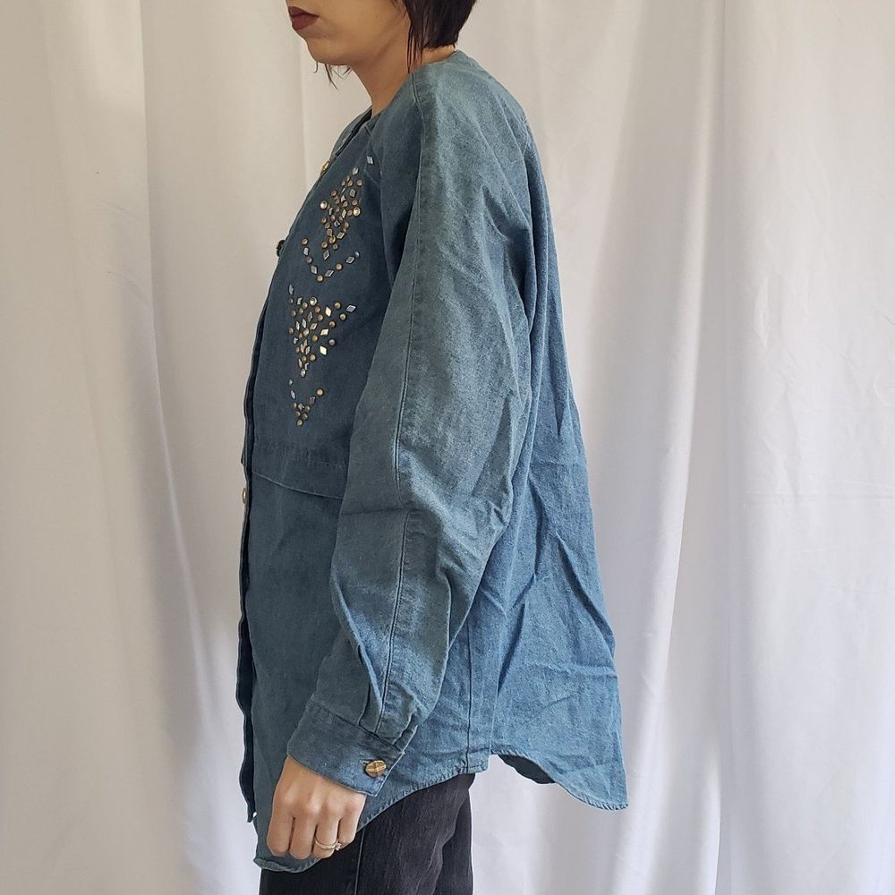 90s Saint Germain Bedazzled Denim Shirt - Picture 2 of 4